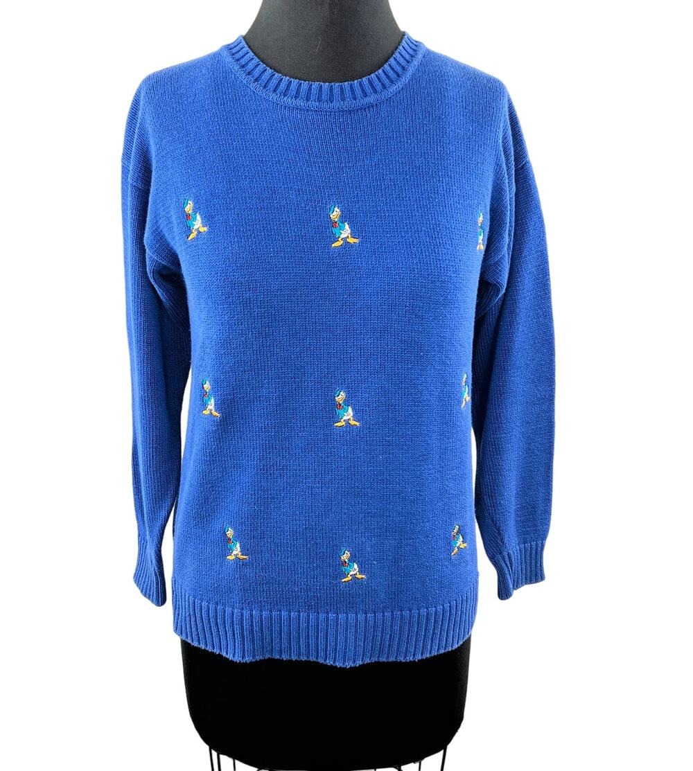 VTG Mickey & Co. J G Hook Disney Donald Duck Embroidered Blue Cotton Sweater S